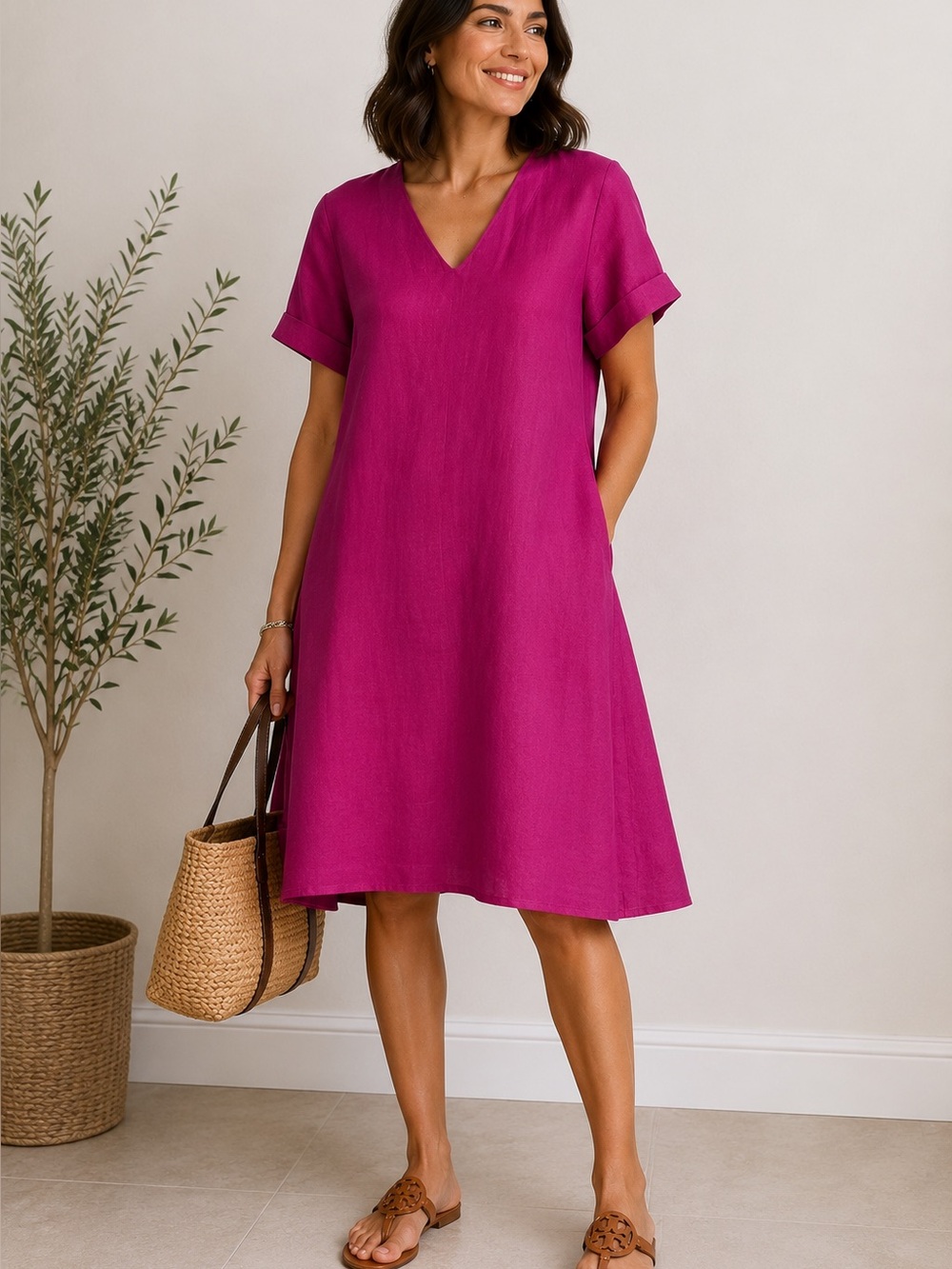 RIANI 100% Linen Magenta Shift Dress V-Neck Short Sleeve Designer Size 10